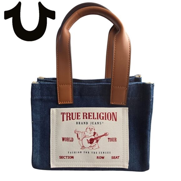 True Religion Buddha Guitar Logo Women's Denim Small Tote Dark Blue NO STRAP - Picture 1 of 6
